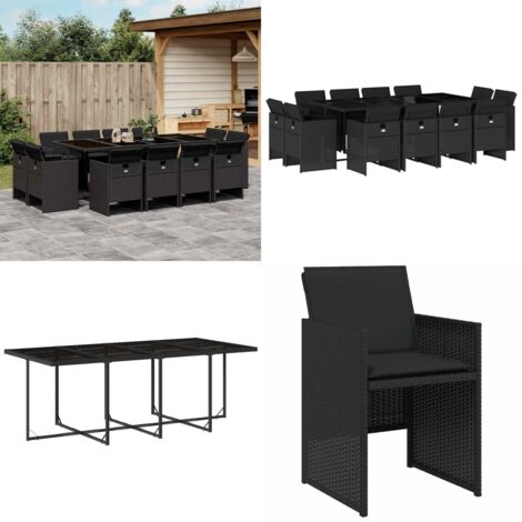 Set da Pranzo da Giardino 13pz con Cuscini Nero in Polyrattan - Sedie da giardino - Tavolo da giardino