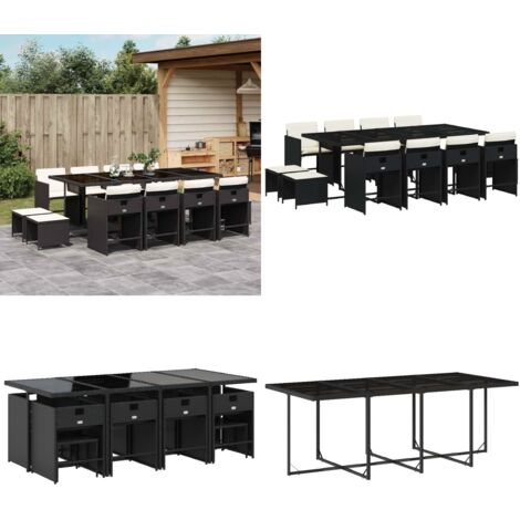 Set da Pranzo da Giardino 13pz con Cuscini Nero in Polyrattan - Sedie da giardino - Tavolo da giardino