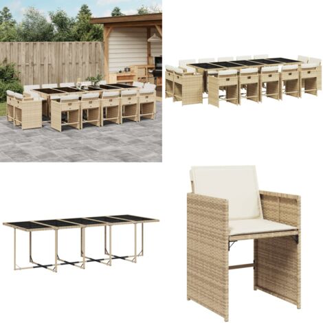 Set da Pranzo da Giardino 15 pz con Cuscini Beige in Polyrattan - Sedie da giardino - Tavolo da giardino