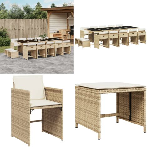 Set da Pranzo da Giardino 15 pz con Cuscini Beige in Polyrattan - Sedie da giardino - Tavolo da giardino