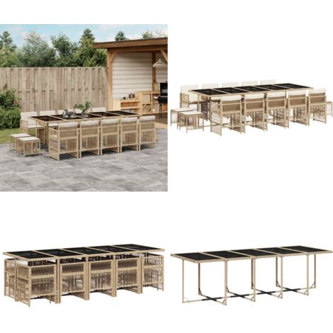 Set da Pranzo da Giardino 15 pz con Cuscini Beige in Polyrattan - Sedie da giardino - Tavolo da giardino
