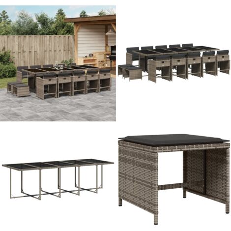 Set da Pranzo da Giardino 15 pz con Cuscini Grigio Polyrattan - Sedie da giardino - Tavolo da giardino
