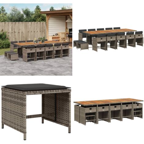 Set da Pranzo da Giardino 15 pz con Cuscini Grigio Polyrattan - Sedie da giardino - Tavolo da giardino