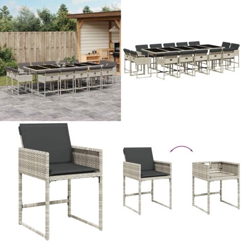 Set da Pranzo da Giardino 15 pz con Cuscini Grigio Polyrattan - Sedie da giardino - Tavolo da giardino