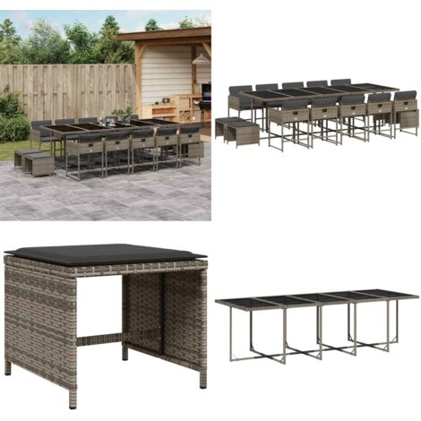 Set da Pranzo da Giardino 15 pz con Cuscini Grigio Polyrattan - Sedie da giardino - Tavolo da giardino