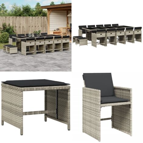 Set da Pranzo da Giardino 15 pz con Cuscini Grigio Polyrattan - Sedie da giardino - Tavolo da giardino