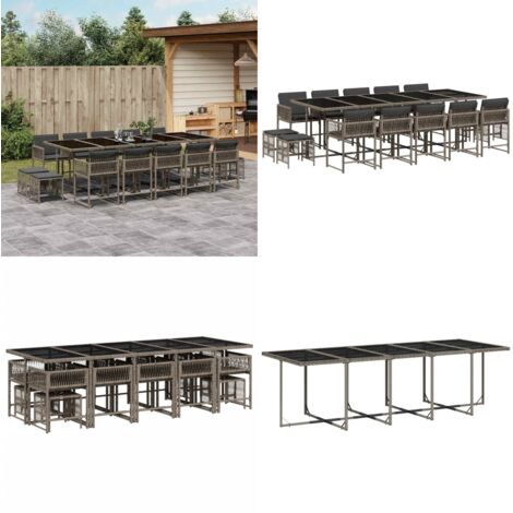Set da Pranzo da Giardino 15 pz con Cuscini Grigio Polyrattan - Sedie da giardino - Tavolo da giardino