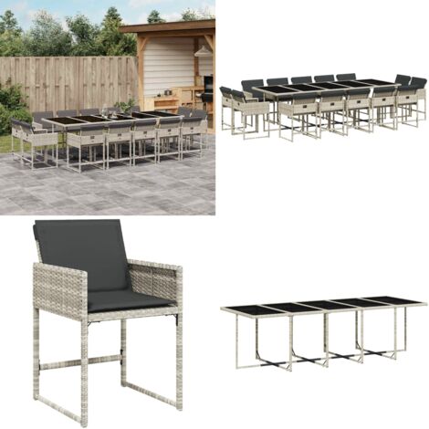Set da Pranzo da Giardino 15 pz con Cuscini Grigio Polyrattan - Sedie da giardino - Tavolo da giardino