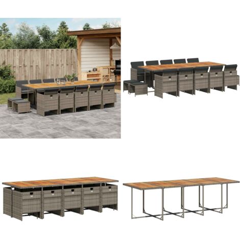 Set da Pranzo da Giardino 15 pz con Cuscini Grigio Polyrattan - Sedie da giardino - Tavolo da giardino