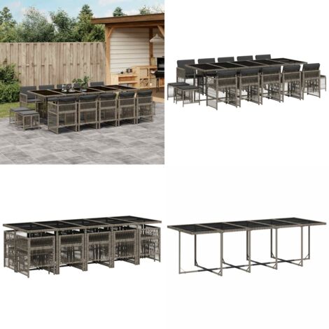 Set da Pranzo da Giardino 15 pz con Cuscini Grigio Polyrattan - Sedie da giardino - Tavolo da giardino