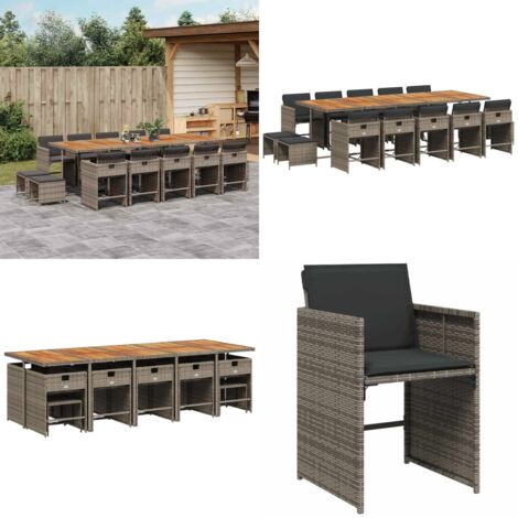 Set da Pranzo da Giardino 15 pz con Cuscini Grigio Polyrattan - Sedie da giardino - Tavolo da giardino