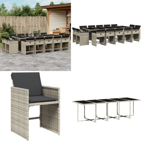 Set da Pranzo da Giardino 15 pz con Cuscini Grigio Polyrattan - Sedie da giardino - Tavolo da giardino