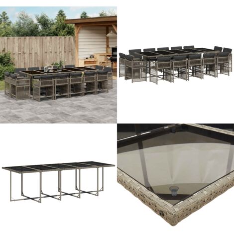 Set da Pranzo da Giardino 15 pz con Cuscini Grigio Polyrattan - Sedie da giardino - Tavolo da giardino