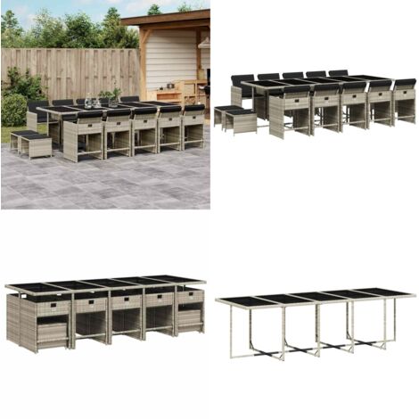 Set da Pranzo da Giardino 15 pz con Cuscini Grigio Polyrattan - Sedie da giardino - Tavolo da giardino