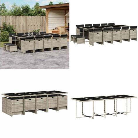 Set da Pranzo da Giardino 15 pz con Cuscini Grigio Polyrattan - Sedie da giardino - Tavolo da giardino