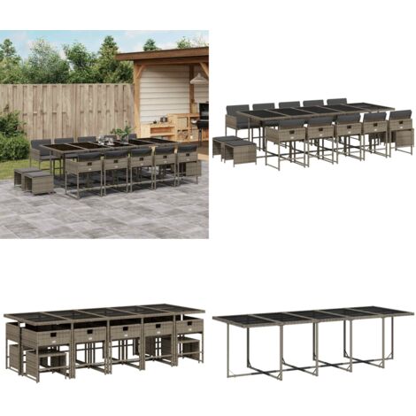 Set da Pranzo da Giardino 15 pz con Cuscini Grigio Polyrattan - Sedie da giardino - Tavolo da giardino