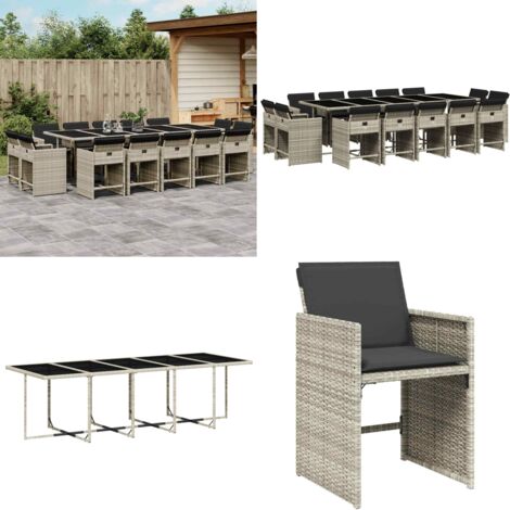 Set da Pranzo da Giardino 15 pz con Cuscini Grigio Polyrattan - Sedie da giardino - Tavolo da giardino