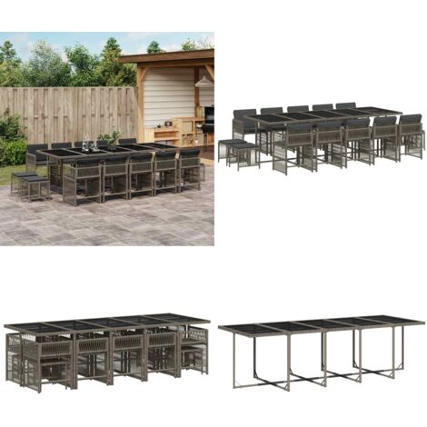 Set da Pranzo da Giardino 15 pz con Cuscini Grigio Polyrattan - Sedie da giardino - Tavolo da giardino