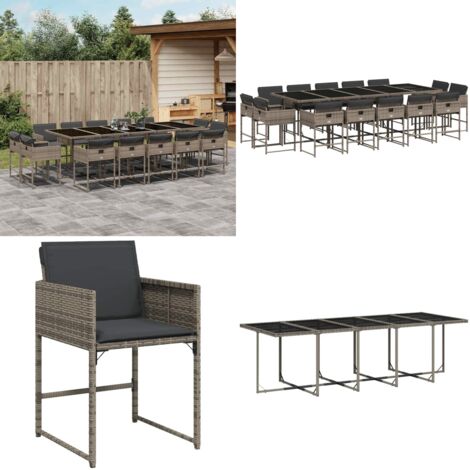 Set da Pranzo da Giardino 15 pz con Cuscini Grigio Polyrattan - Sedie da giardino - Tavolo da giardino