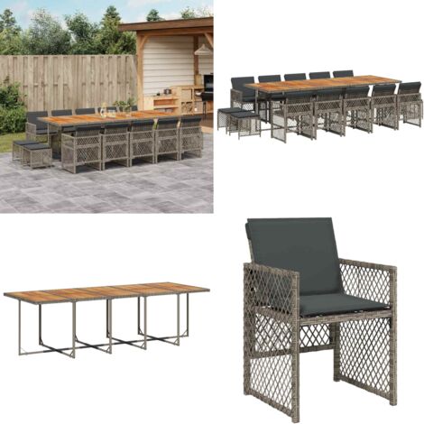 Set da Pranzo da Giardino 15 pz con Cuscini Grigio Polyrattan - Sedie da giardino - Tavolo da giardino
