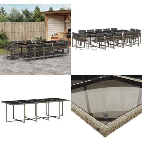 Set da Pranzo da Giardino 15 pz con Cuscini Grigio Polyrattan - Sedie da giardino - Tavolo da giardino
