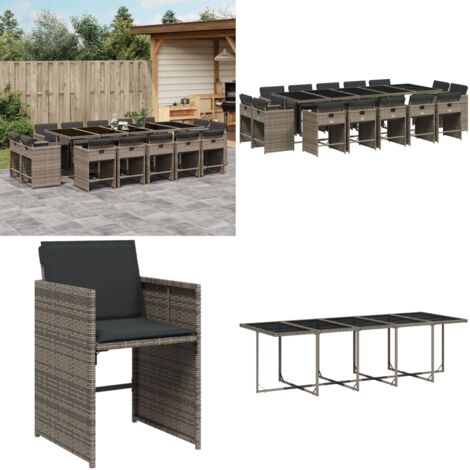 Set da Pranzo da Giardino 15 pz con Cuscini Grigio Polyrattan - Sedie da giardino - Tavolo da giardino