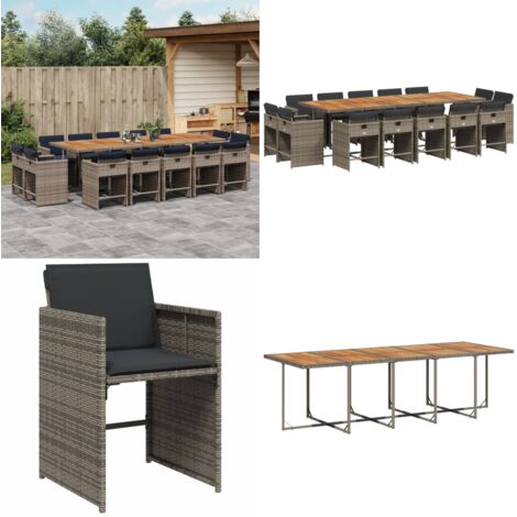 Set da Pranzo da Giardino 15 pz con Cuscini Grigio Polyrattan - Sedie da giardino - Tavolo da giardino
