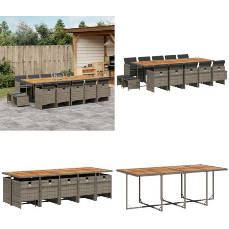 Set da Pranzo da Giardino 15 pz con Cuscini Grigio Polyrattan - Sedie da giardino - Tavolo da giardino