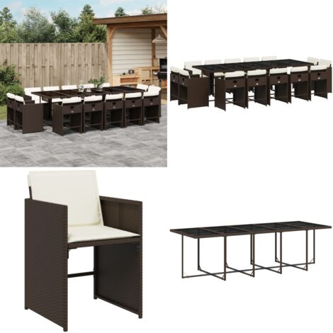 Set da Pranzo da Giardino 15 pz con Cuscini Marrone Polyrattan - Sedie da giardino - Tavolo da giardino