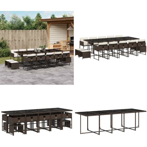 Set da Pranzo da Giardino 15 pz con Cuscini Marrone Polyrattan - Sedie da giardino - Tavolo da giardino