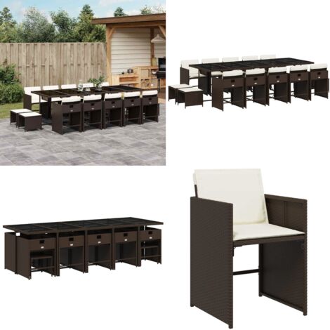 Set da Pranzo da Giardino 15 pz con Cuscini Marrone Polyrattan - Sedie da giardino - Tavolo da giardino