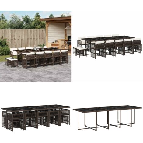 Set da Pranzo da Giardino 15 pz con Cuscini Marrone Polyrattan - Sedie da giardino - Tavolo da giardino