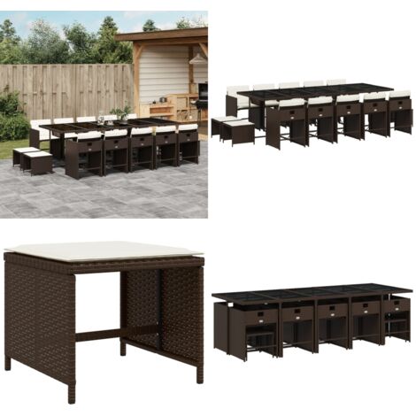 Set da Pranzo da Giardino 15 pz con Cuscini Marrone Polyrattan - Sedie da giardino - Tavolo da giardino