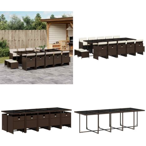 Set da Pranzo da Giardino 15 pz con Cuscini Marrone Polyrattan - Sedie da giardino - Tavolo da giardino