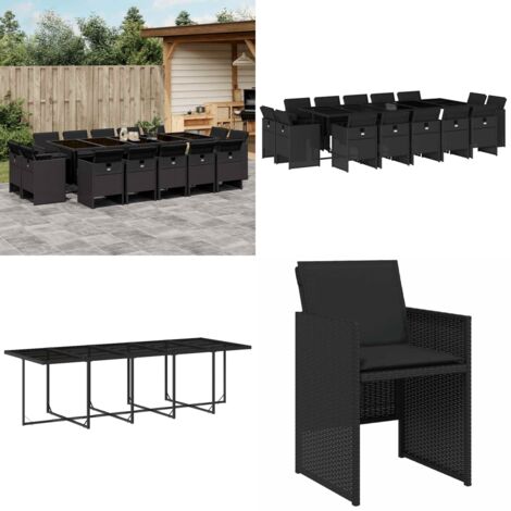 Set da Pranzo da Giardino 15 pz con Cuscini Nero in Polyrattan - Sedie da giardino - Tavolo da giardino