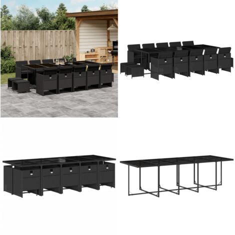 Set da Pranzo da Giardino 15 pz con Cuscini Nero in Polyrattan - Sedie da giardino - Tavolo da giardino