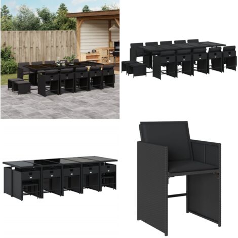 Set da Pranzo da Giardino 15 pz con Cuscini Nero in Polyrattan - Sedie da giardino - Tavolo da giardino