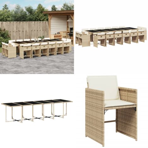 Set da Pranzo da Giardino 17 pz con Cuscini Beige in Polyrattan - Sedie da giardino - Tavolo da giardino
