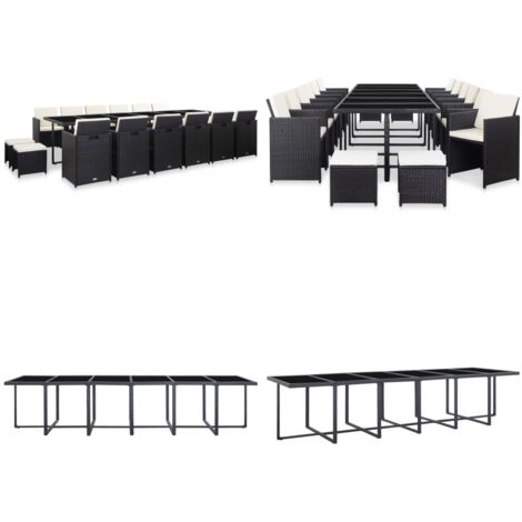 Set da Pranzo da Giardino 17 pz con Cuscini in Polyrattan Nero - Sedie in rattan - Tavolo in vetro
