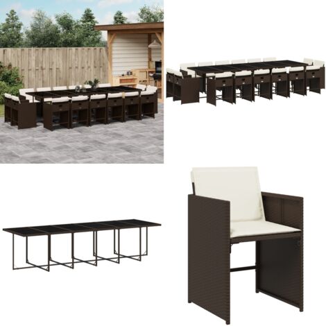 Set da Pranzo da Giardino 17 pz con Cuscini Marrone Polyrattan - Sedie da giardino - Tavolo da giardino