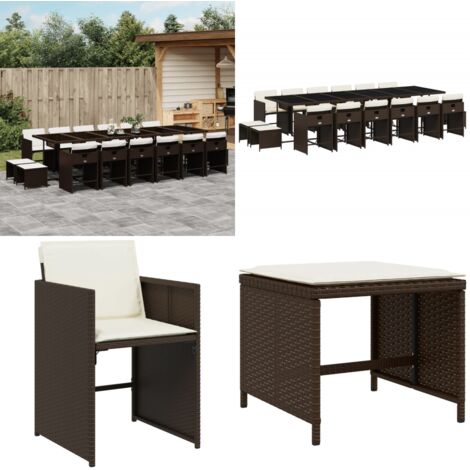 Set da Pranzo da Giardino 17 pz con Cuscini Marrone Polyrattan - Sedie da giardino - Tavolo da giardino