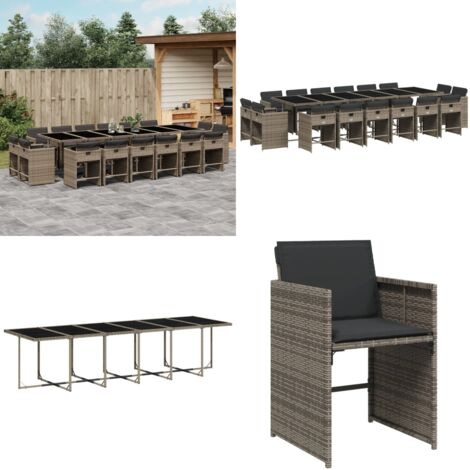 Set da Pranzo da Giardino 17pz con Cuscini Grigio in Polyrattan - Sedie da giardino - Tavolo da giardino