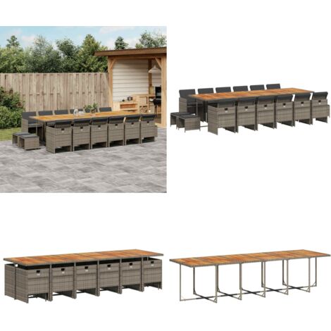 Set da Pranzo da Giardino 17pz con Cuscini Grigio in Polyrattan - Sedie da giardino - Tavolo da giardino
