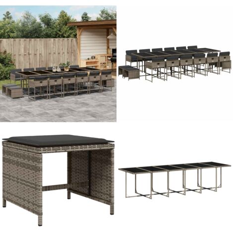 Set da Pranzo da Giardino 17pz con Cuscini Grigio in Polyrattan - Sedie da giardino - Tavolo da giardino