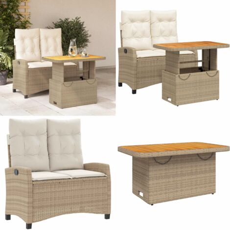 Set da Pranzo da Giardino 2 pz con Cuscini Beige in Polyrattan - Panca da giardino reclinabile - Tavolino da giardino con piano sollevabile