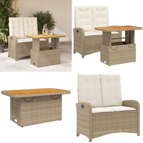 Set da Pranzo da Giardino 2 pz con Cuscini Beige in Polyrattan - Sedile reclinabile - Tavolino da giardino