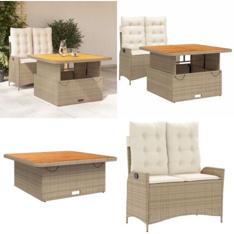 Set da Pranzo da Giardino 2 pz con Cuscini Beige in Polyrattan - Tavolino da giardino - Panca reclinabile