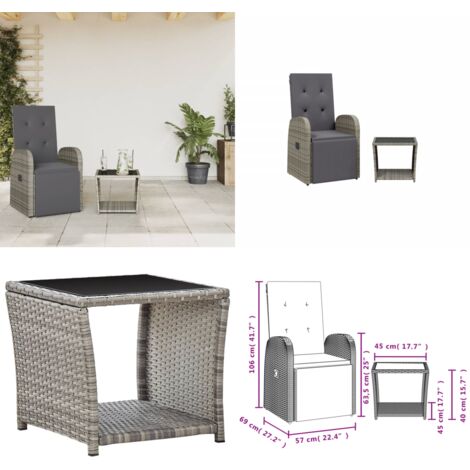 Set da Pranzo da Giardino 2 pz con Cuscini in Polyrattan Grigio - Sedile da giardino reclinabile - Tavolo da giardino in vetro