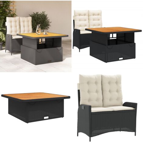 Set da Pranzo da Giardino 2 pz con Cuscini Nero in Polyrattan - Sedile reclinabile - Tavolino da giardino