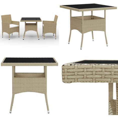 Set da Pranzo da Giardino 3 pz Beige in Polyrattan e Vetro - Tavolo da pranzo da esterno - Sedie da giardino